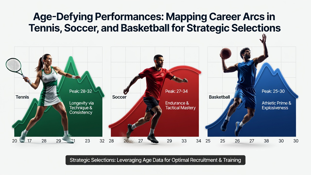 Career trajectory charts showing age-related performance peaks and declines for athletes in tennis, soccer, and basketball