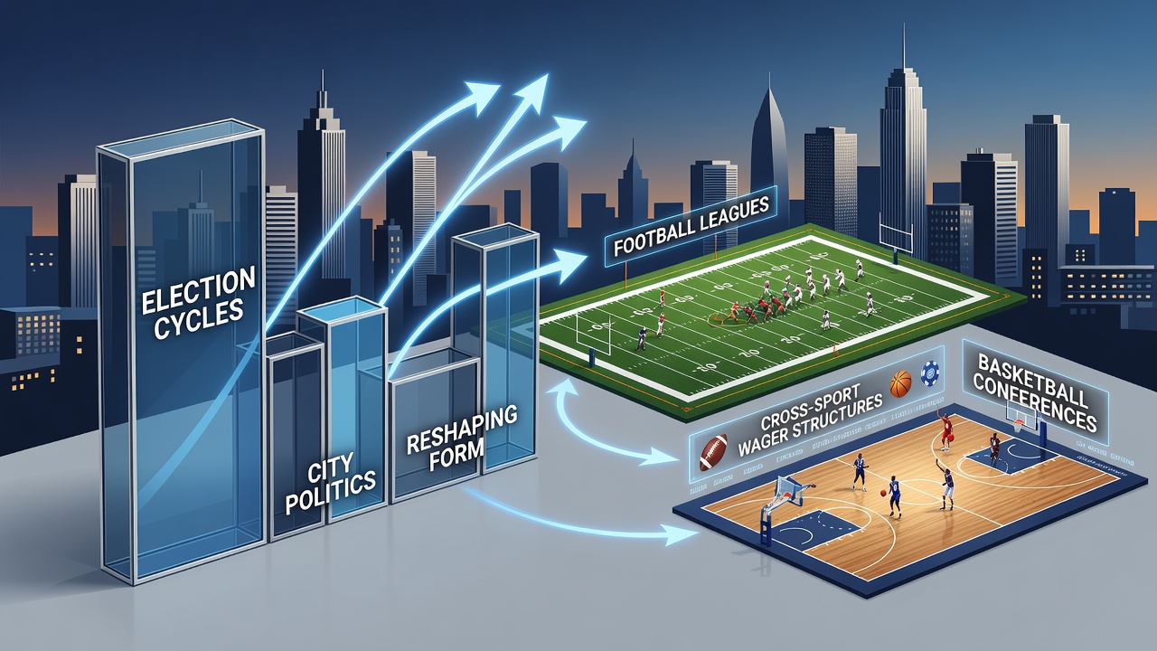 City council meeting discussing sports funding alongside football stadium and basketball arena visuals