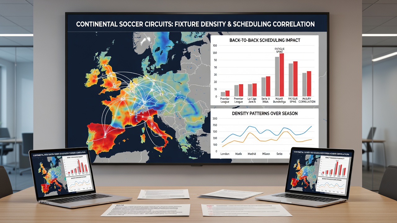 Side-by-side statistical overlays showing soccer fixture congestion and NBA consecutive game impacts on team outputs