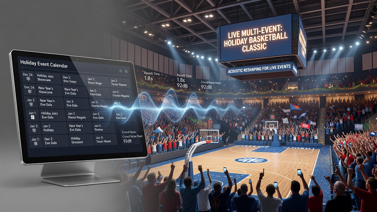 Interior view of a packed basketball arena highlighting acoustic effects from holiday crowds