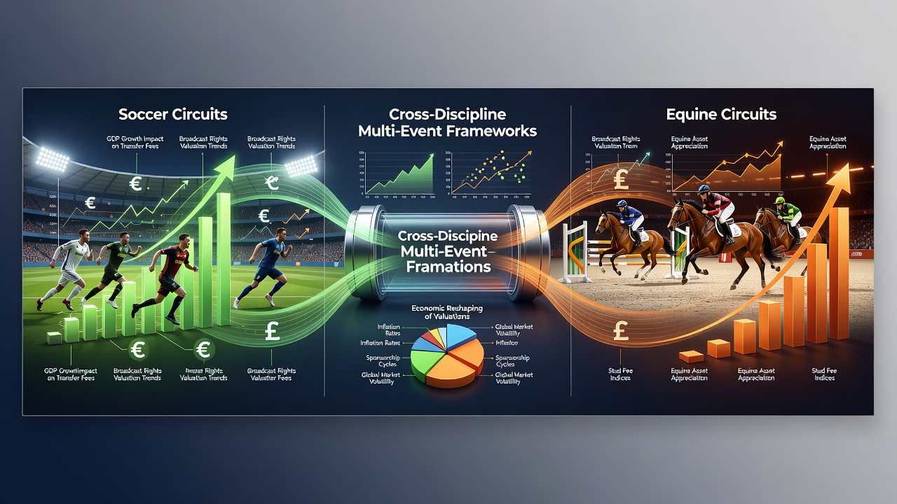 Economic data charts overlaying soccer pitch and racetrack scenes illustrating squad valuation shifts