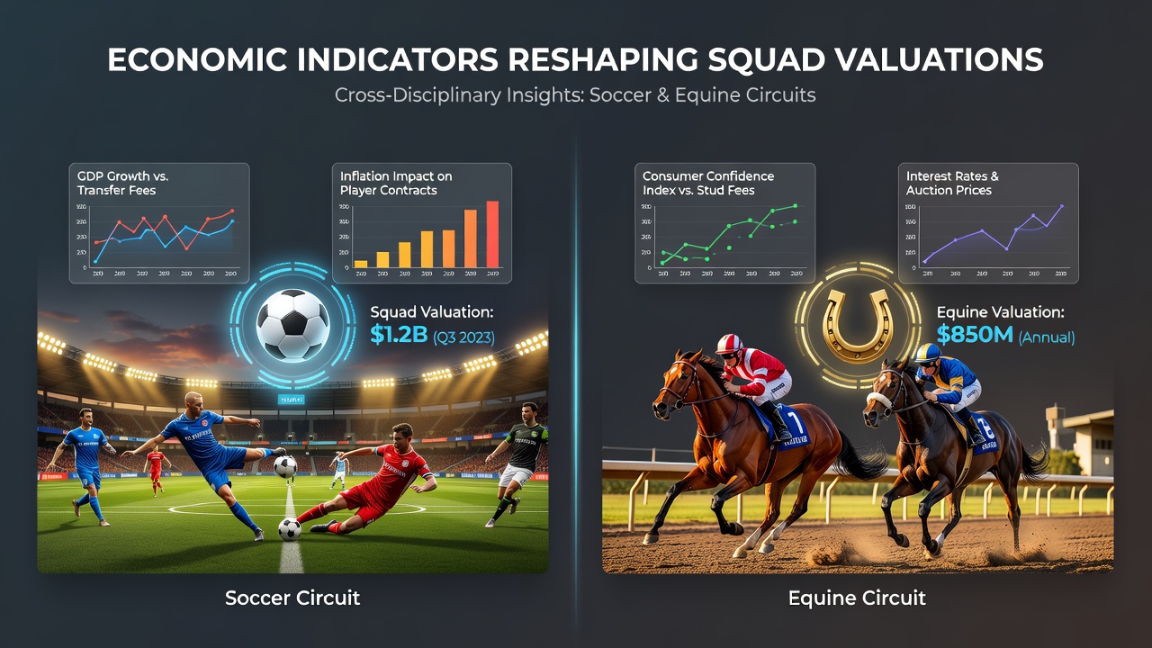 Split view of financial reports beside soccer training ground and equine auction ring showing valuation adjustments