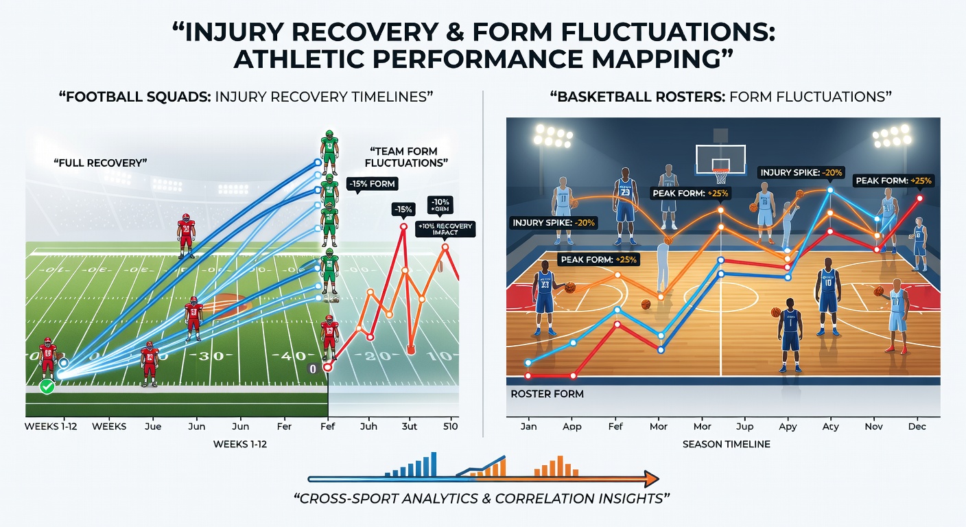 Data charts showing football injury timelines aligned with basketball form metrics for multi-sport betting structures