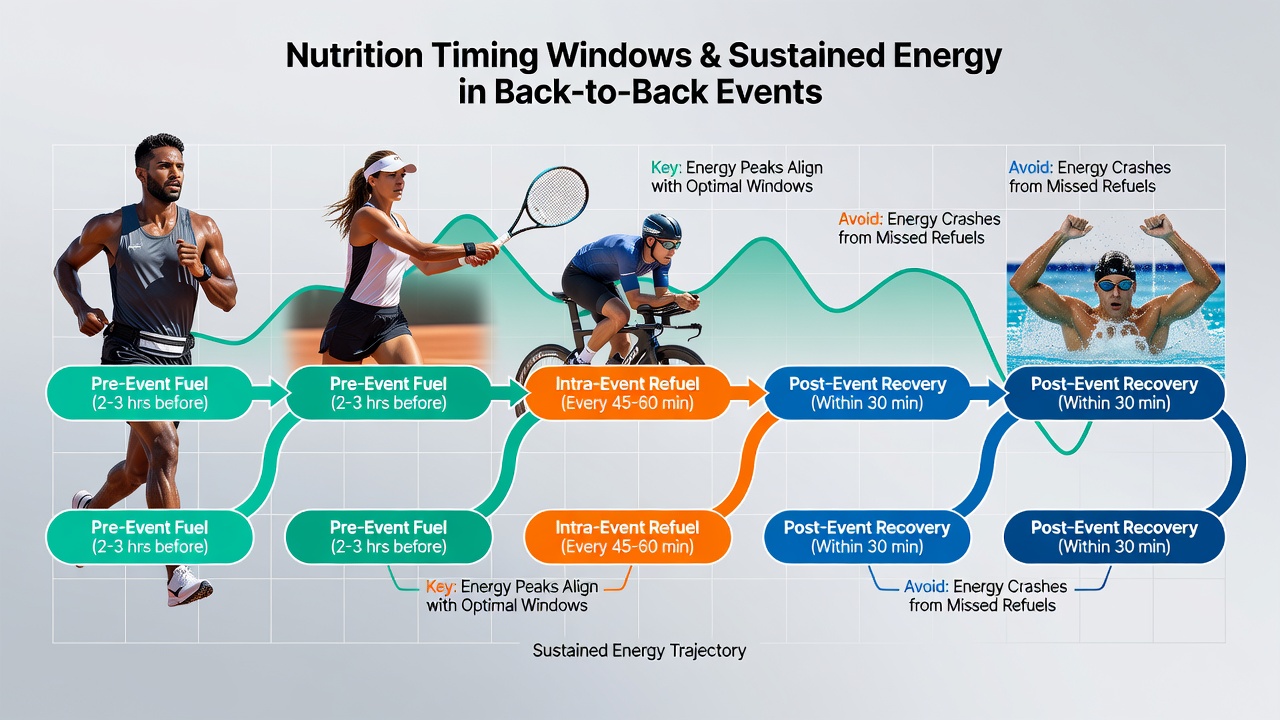 Detailed nutrition timing schedule for consecutive athletic events with energy level graphs