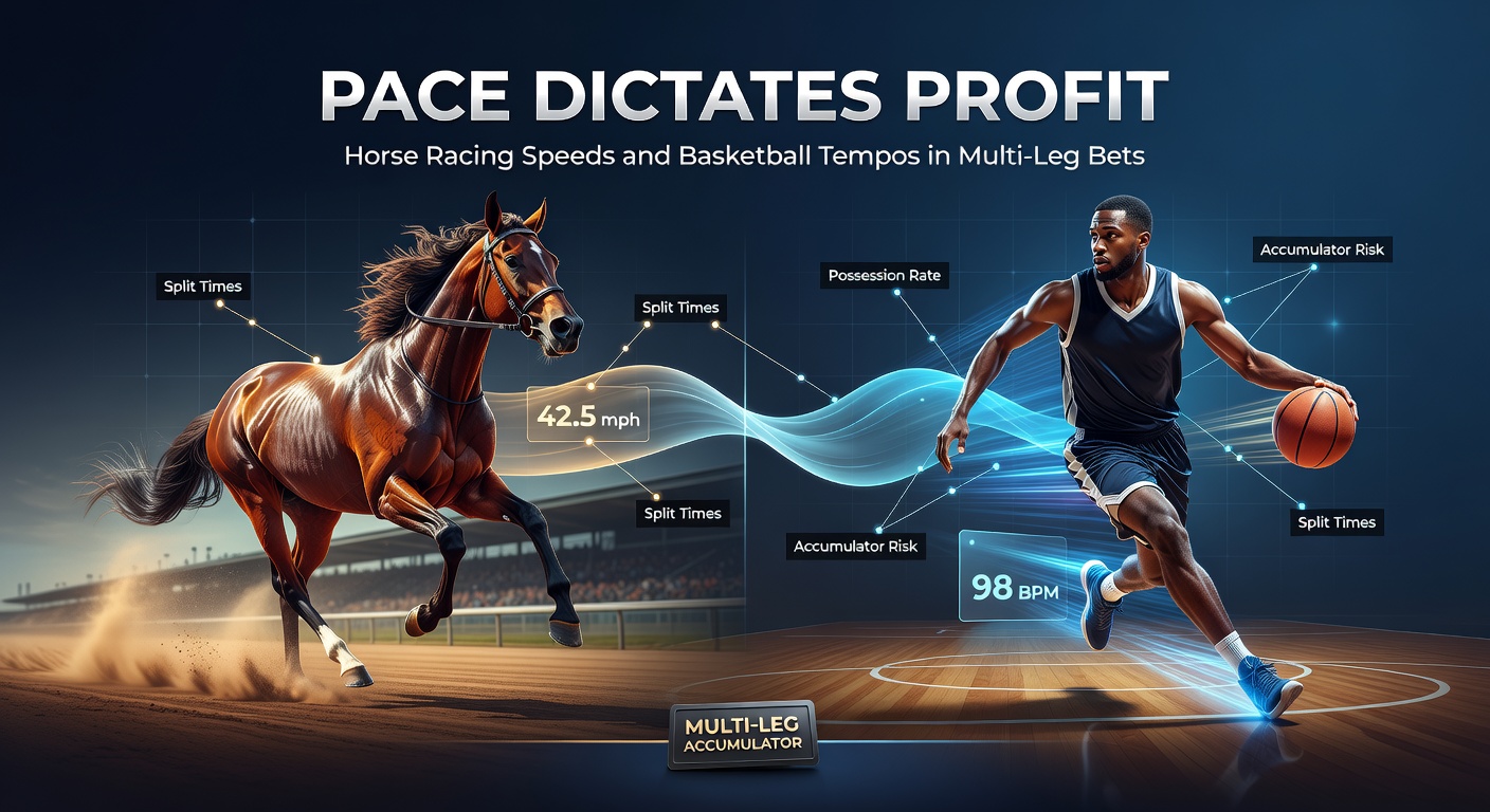A dynamic split image showing a horse surging ahead in a race while basketball players race down the court in a fast break, illustrating pace in both sports