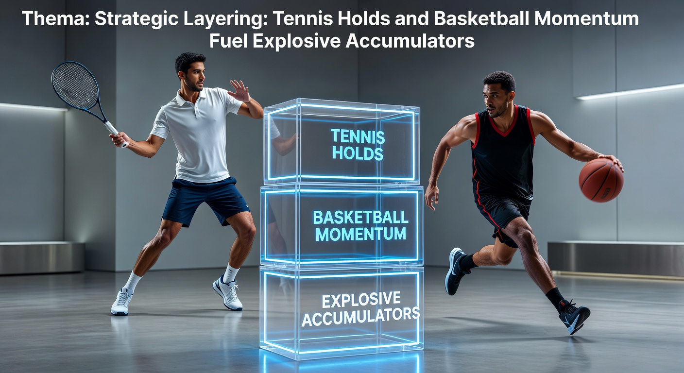 Tennis player serving intensely during a crucial hold, with basketball players in motion on the court in the background, illustrating strategic betting layers