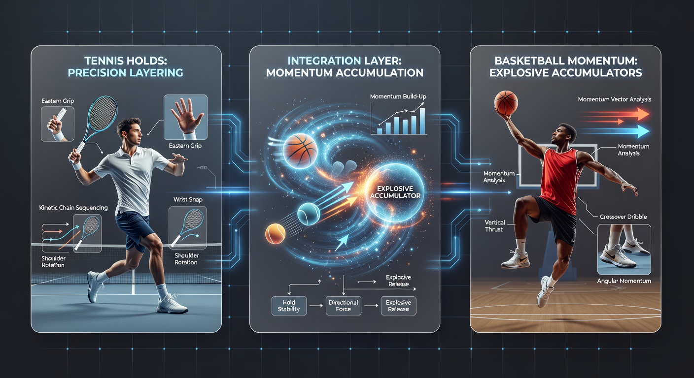 Dynamic basketball scene showing a momentum-shifting dunk, overlaid with tennis serve graphics symbolizing layered betting strategies
