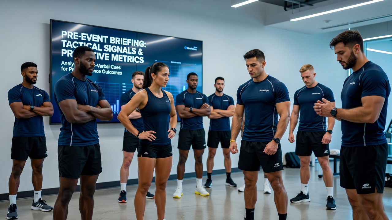 Close-up view of athletes in a briefing room showing differences in stance and gaze direction