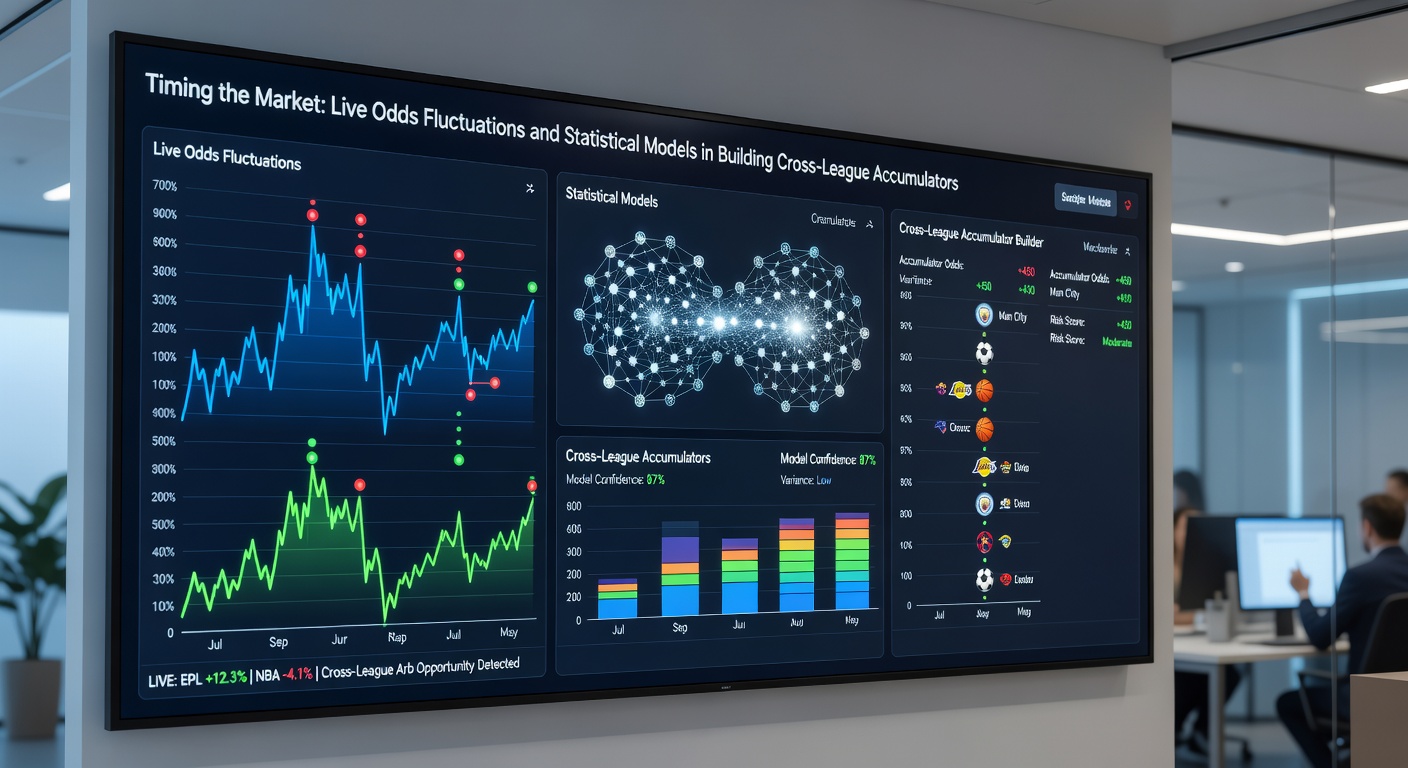Statistical model dashboard illustrating accumulator probability adjustments across leagues