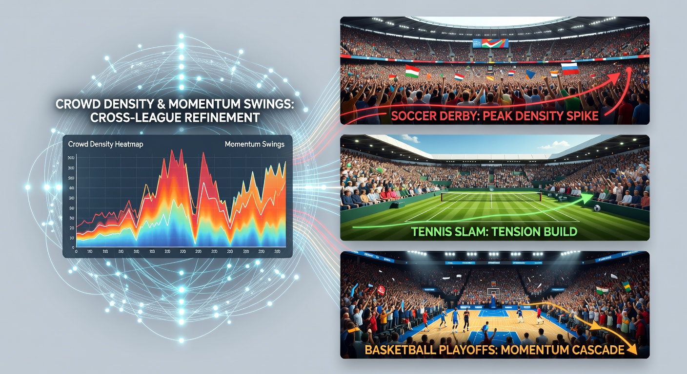 Crowd density visualization at a packed soccer stadium during a high-stakes derby match showing momentum indicators