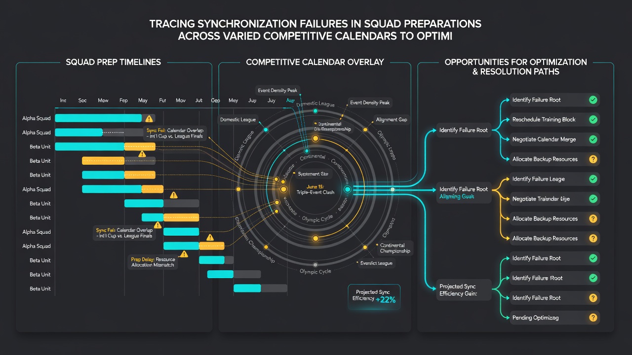 Detailed calendar overlay showing synchronization failure points between football pre-season and basketball recovery periods