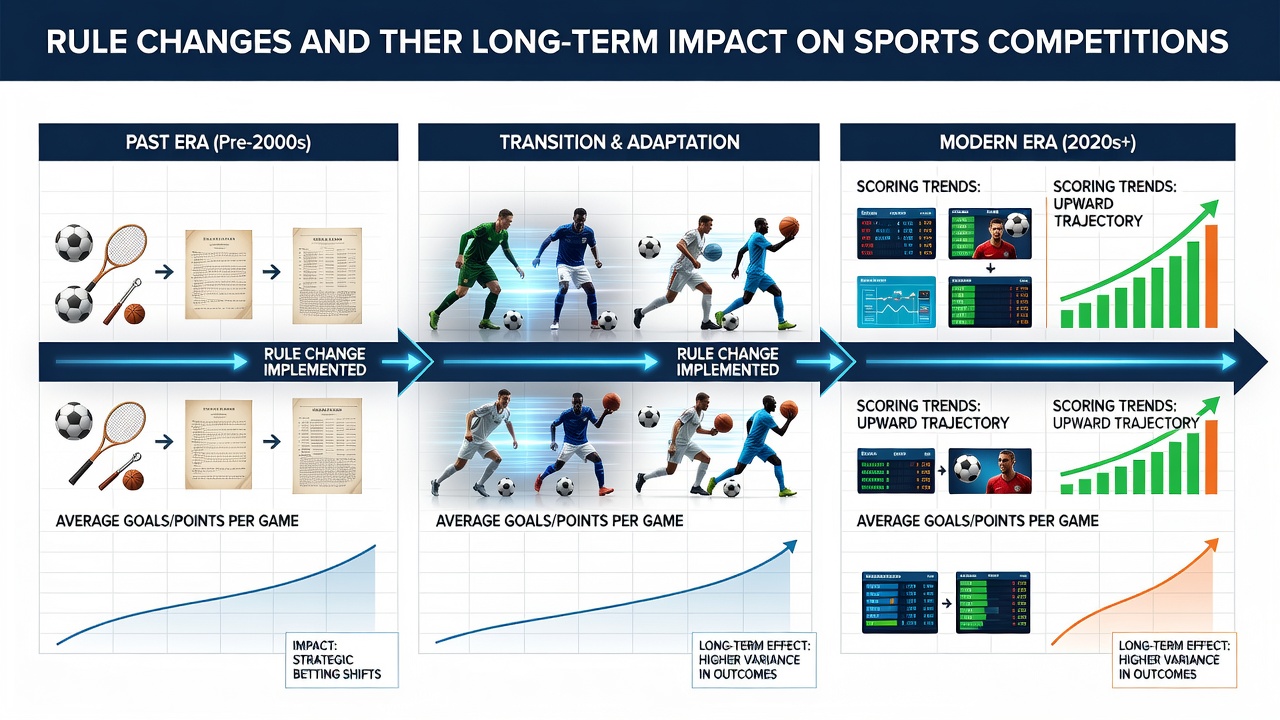 Historical timeline showing rule modifications across soccer, basketball, and tennis with scoring graphs overlaid