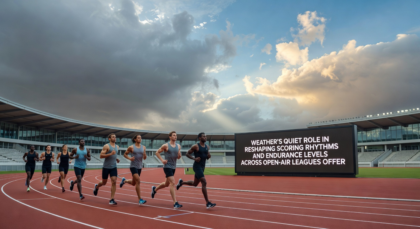 Athletes competing in outdoor leagues with weather overlays indicating endurance and scoring impacts